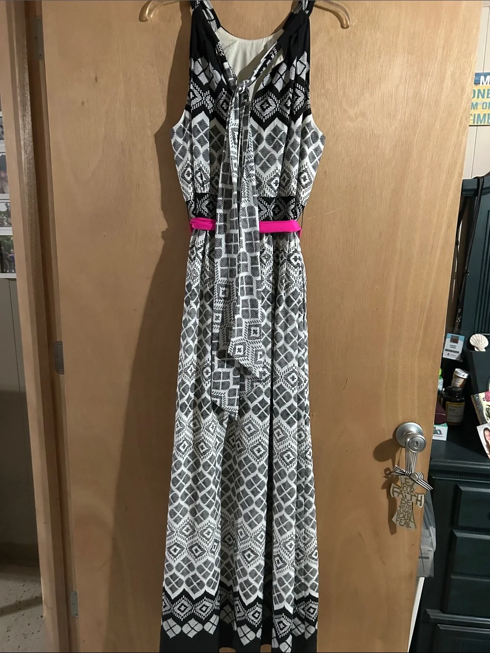 Eliza J Black & White Geometric Maxi Dress with Pink Belt